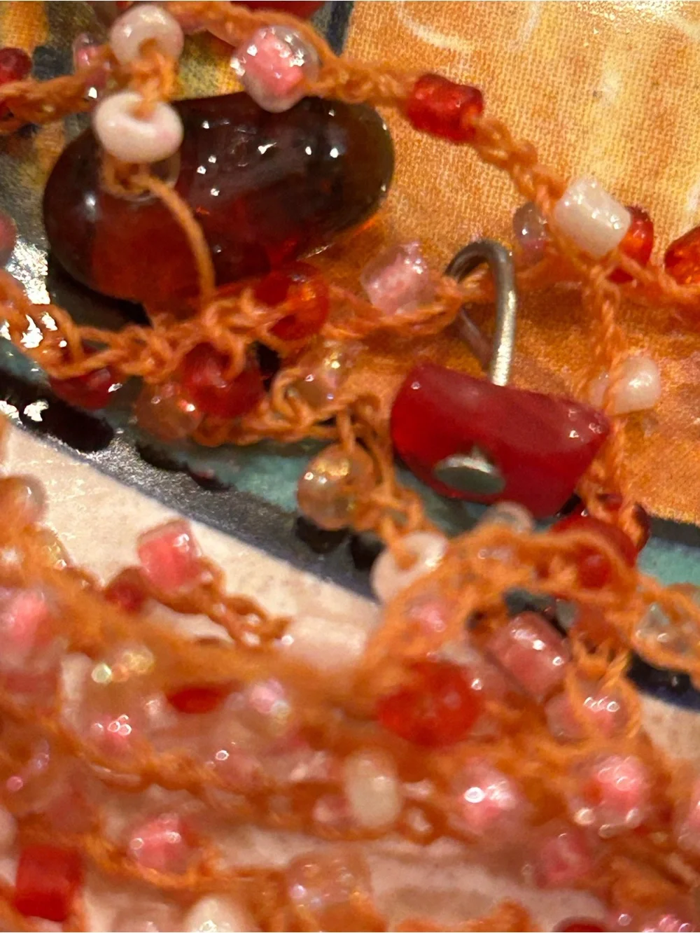 Vintage Necklace Red Branch Coral, Carnelian, glass Mermaid’s Tears woven thread